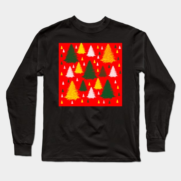Gold green silver Christmas trees on red background Long Sleeve T-Shirt by katerina-ez